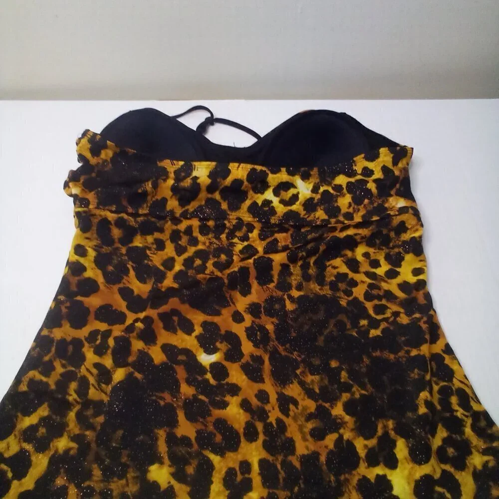 Jaclyn Smith Tankini Top Women 18 Swim Halter Padded Cup Animal Print Black Gold